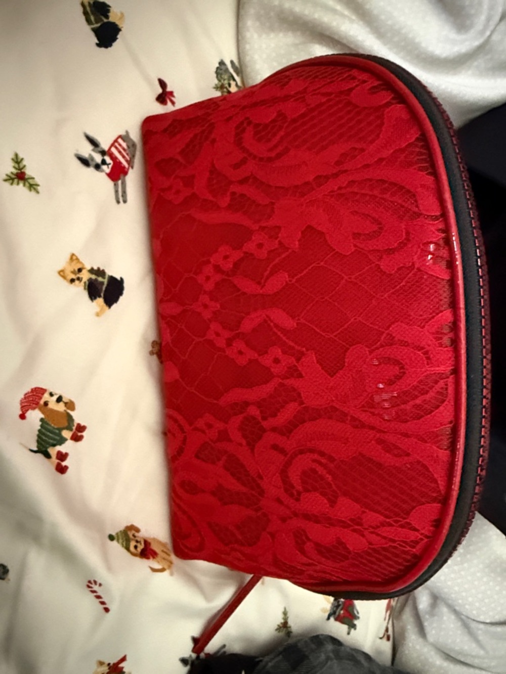 Victoria's Secret Red Lace Cosmetic Pouch with Black Script - Picture 2 of 3